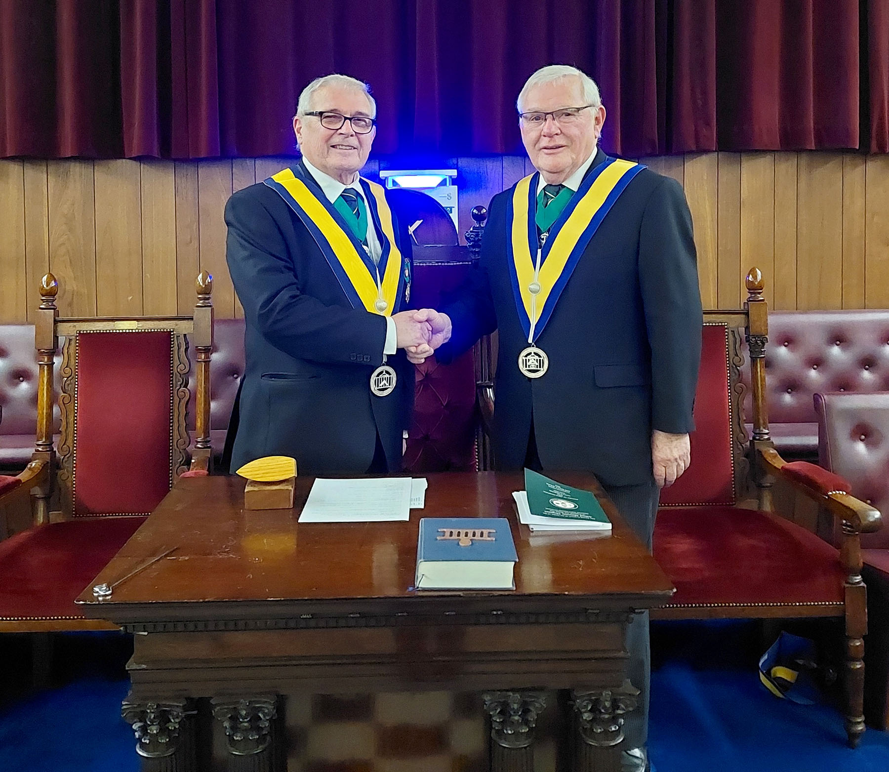 W.Bro. Fred Brown (Installing Master) congratulates the new Master of the Council W.Bro. Derek Wilkins