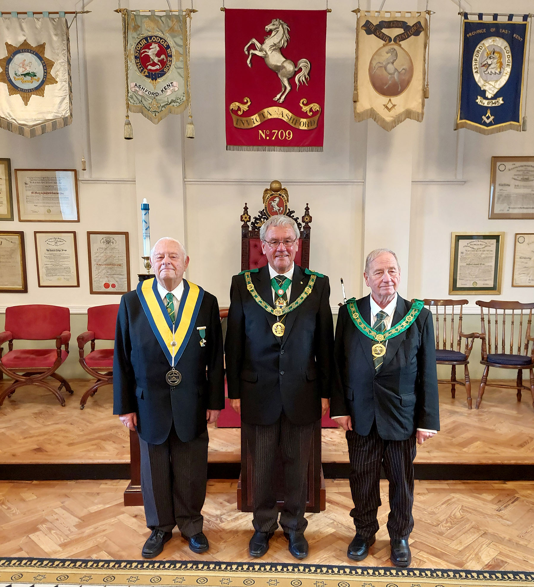 The Distrcit Grand Prefect, R.W.Bro Brian Ward with the installing Master W.Bro.Roy Skelton and the new Master W.Bro. Ken Nunn
