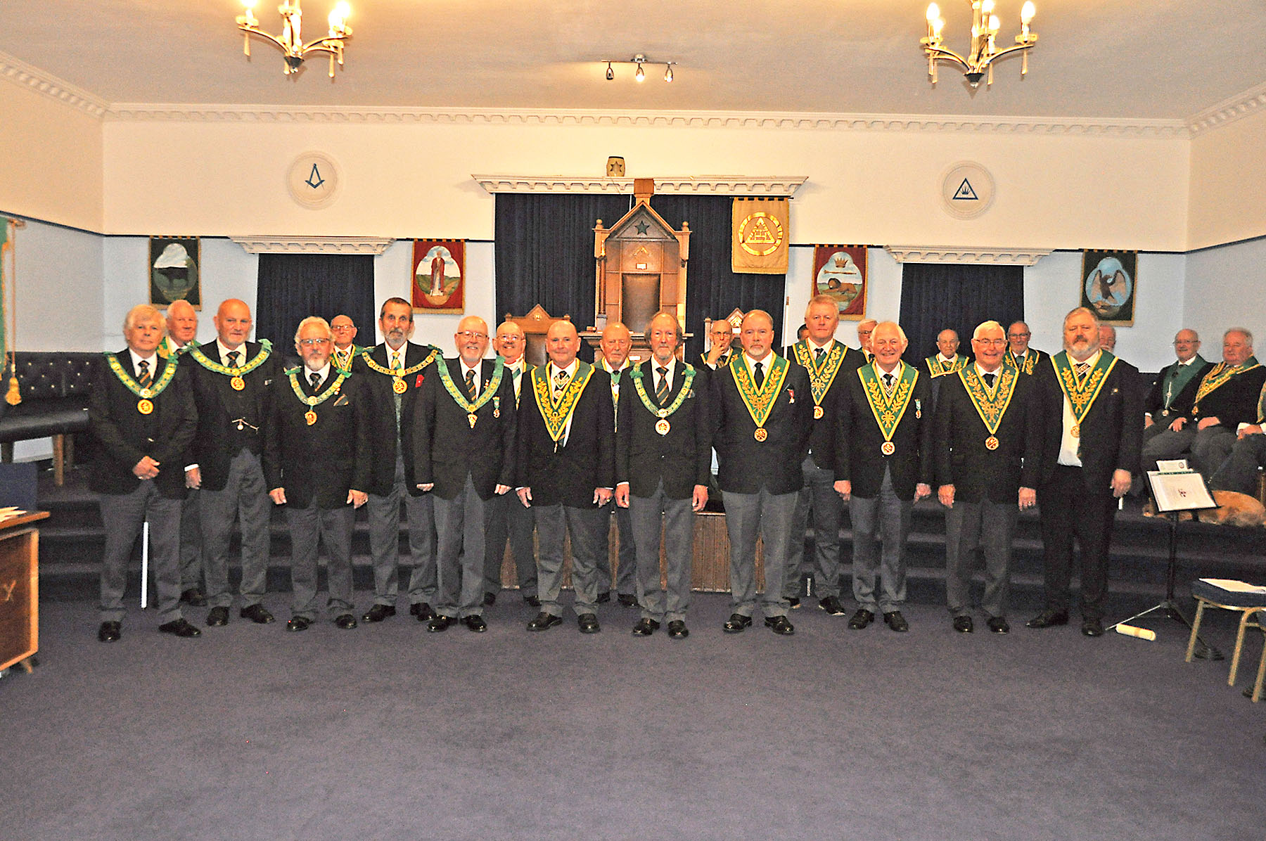 The D.G.P. for Devon and Cornwall R.W. Bro. Barry Slade with his Deputy W.Bro. Clive Penraze along with the guests and visitors to the District