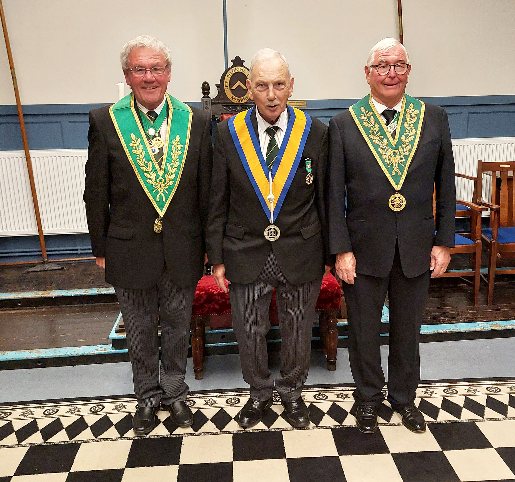 The District Grand Prefect R.W. Bro. Brian Ward with his Deputy W.Bro Geoff Whale and the Worshipful Master W. Bro. David James