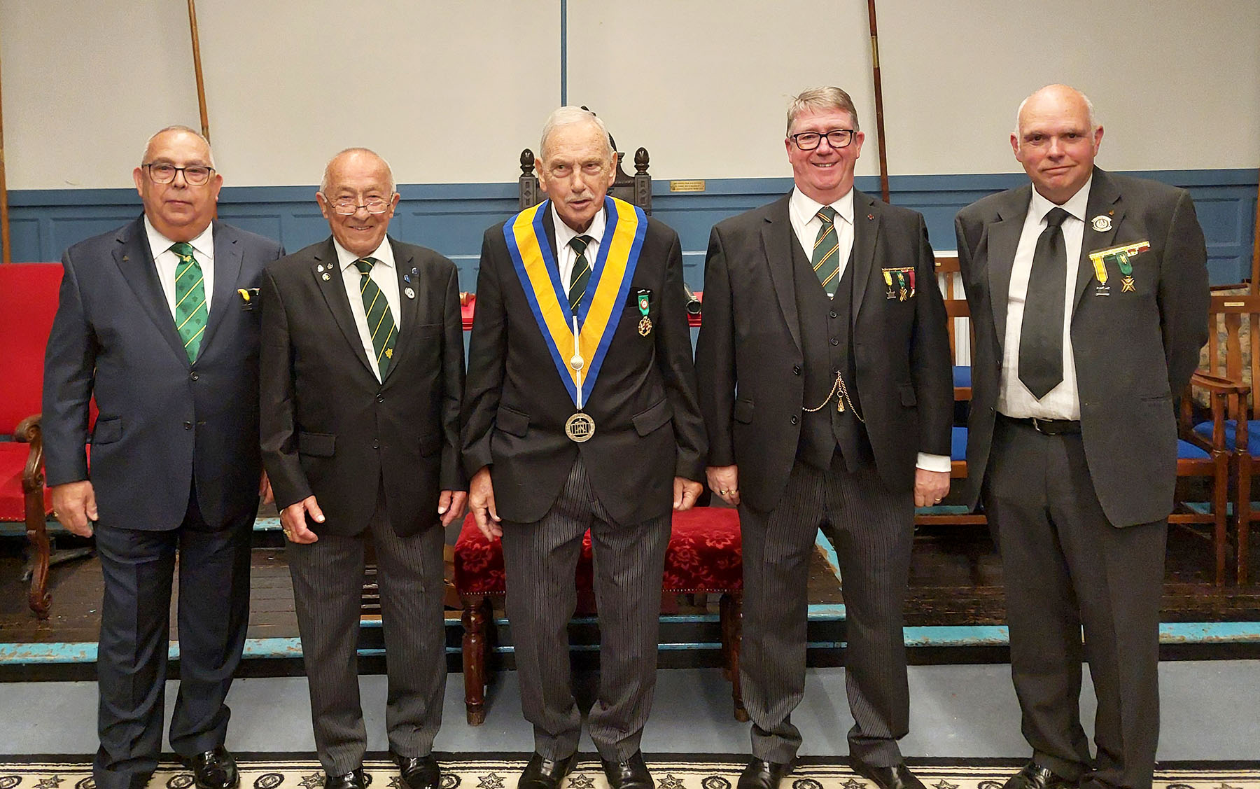 W. Bro. David James (MW) with Bros Chrisholm, Hills, Lucas and  Crickett all candidates for the degree of Knights of Constatinople
