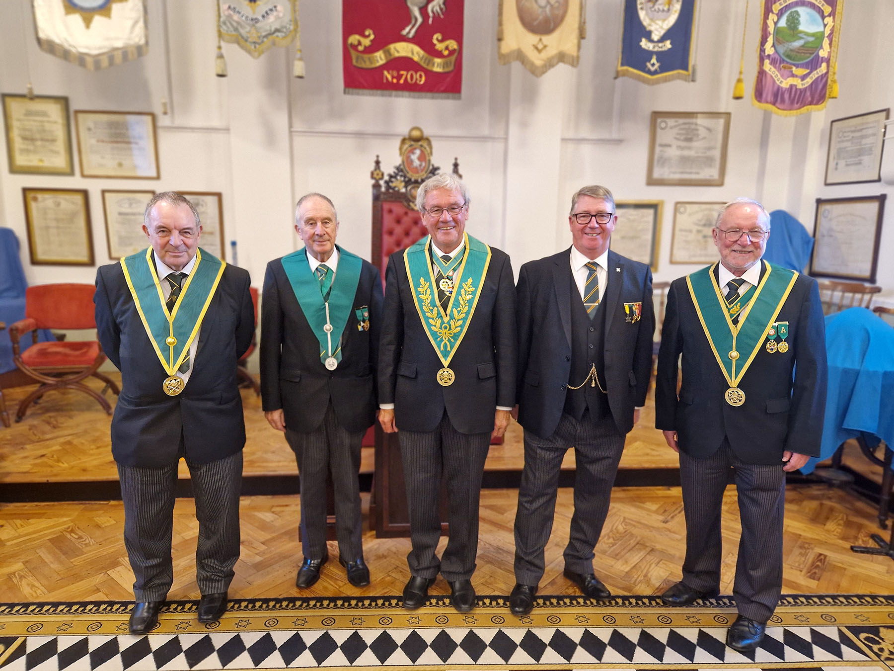 R.W.Bro. Brian Ward (D.G.P.) with the visitors W.Bros. Finnis and Green and Bros. Hayler and Lucas