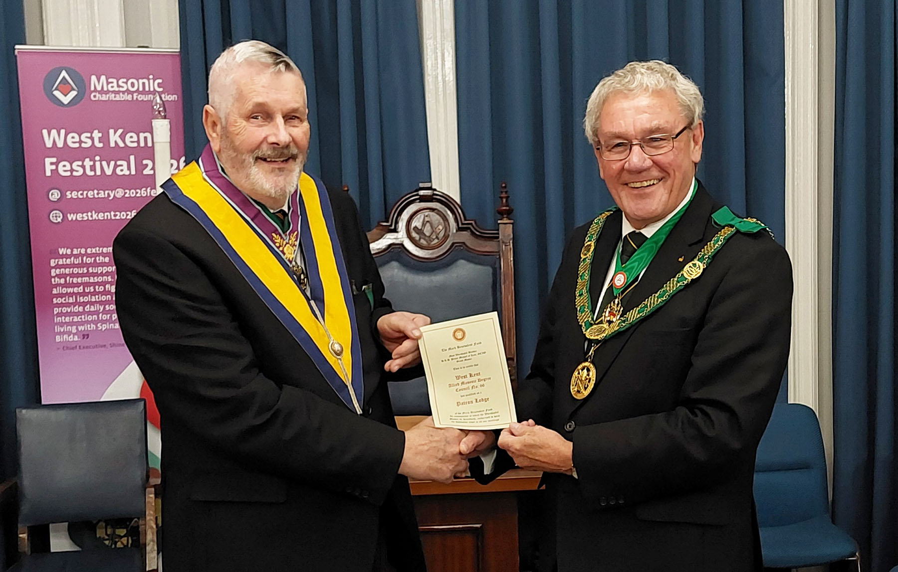 W.Bro. Paul Gillingham, Worshipful the Master of the West Kent Council accepts the M.B.F. Patron Certificate on behalf of the Council from R.W.Bro. Brian Ward D.G.P.