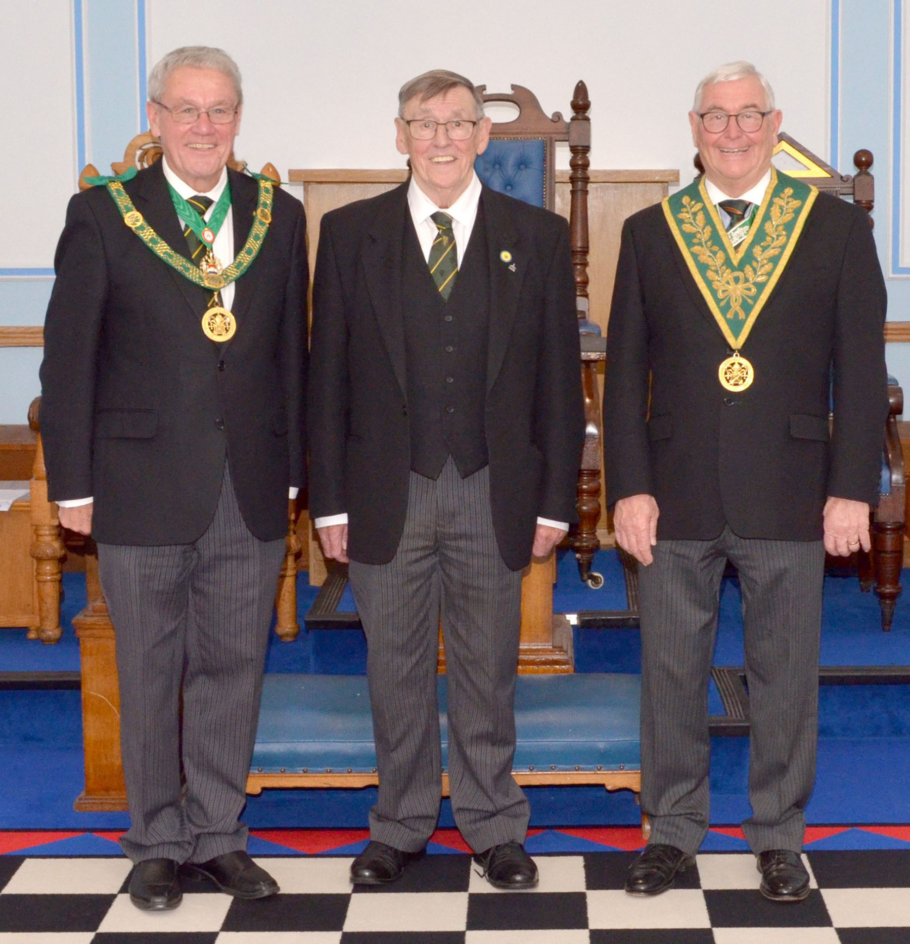 The District Grand Prefect. R.W.Bro. Brian Ward and his Deputy W.Bro. Geoff Whale with W.Bro. Alan Coxon MBE