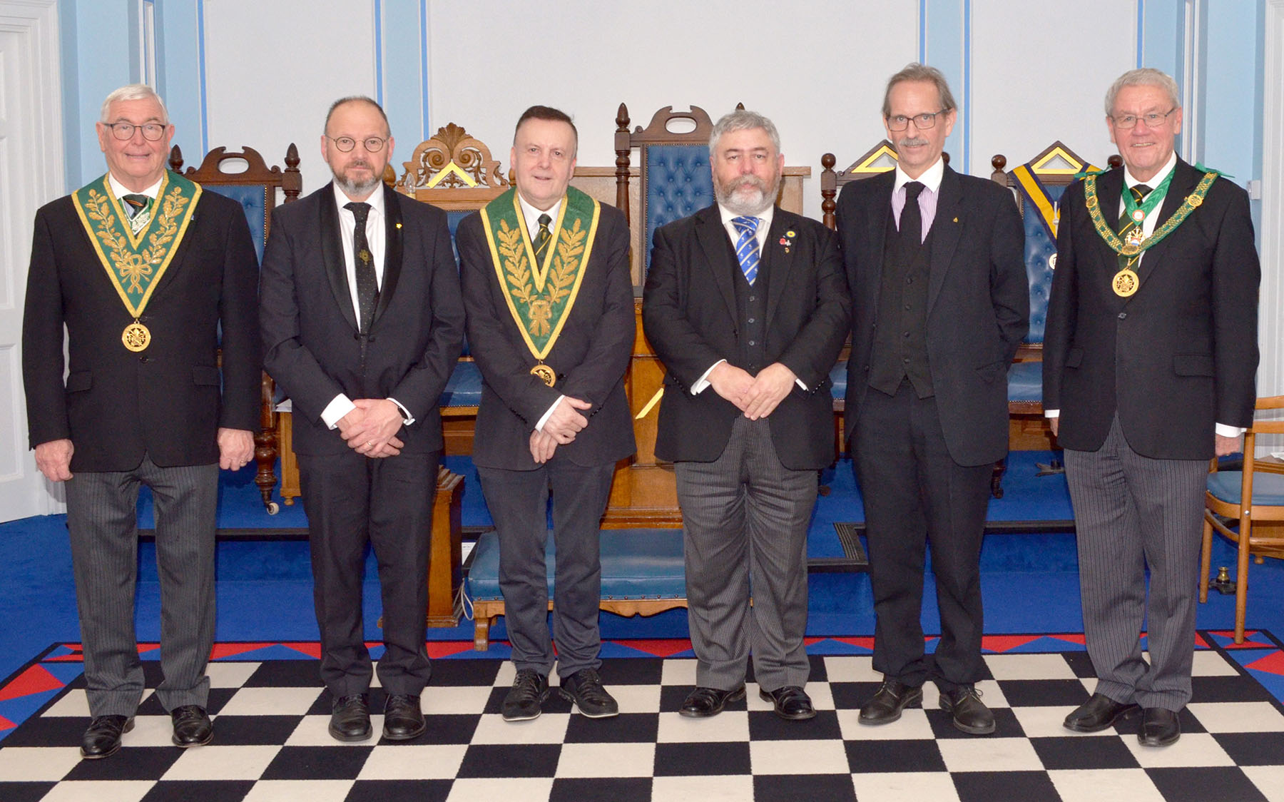 Bros Ian Gallehawk, Simon Baker and Rudi Degeest with R.W.Bro. Brian Ward and W. Bros. Tony Clayton and Geoff Whale.
