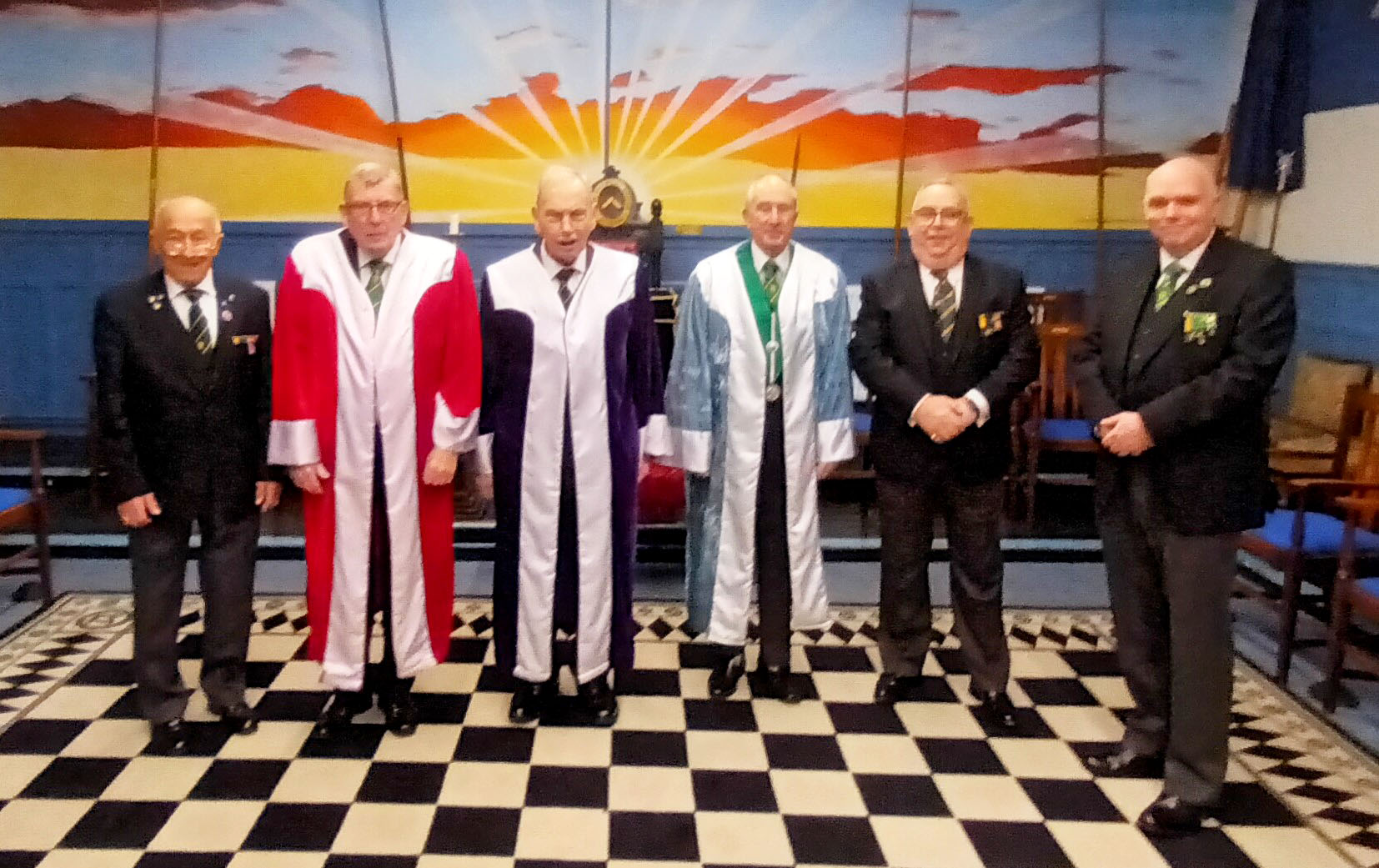 The Worshipful Master W. Bro.David James with his Wardens Bros. David Austin and Peter Hayler with Bros Hills, Crickett and Chrisholm