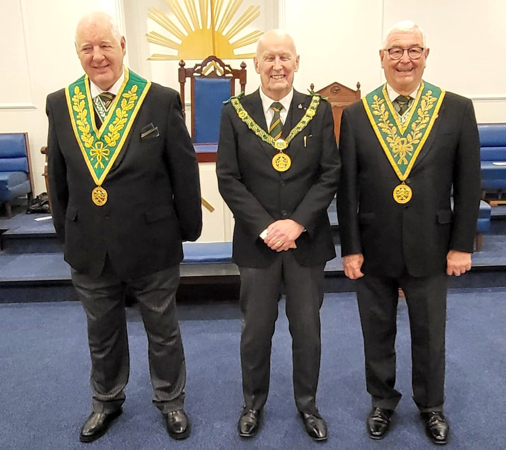 R.W.Bro Brian Wailliams (D.G.P for Cheshire and N. Wales) and his Deputy W.Bro. Graham Kirkby with W.Bro. Geoff Whale Dep. D.G.P. for Kent
