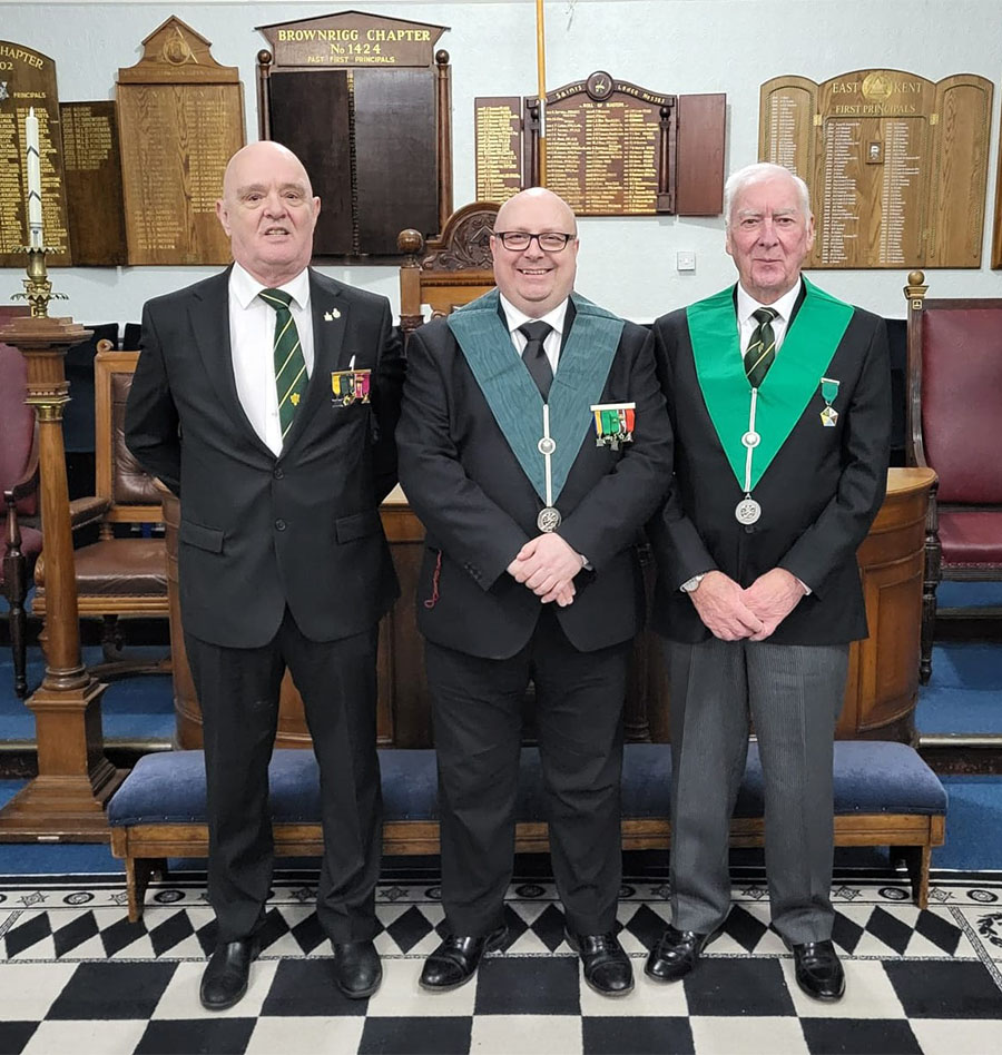 The Worshipful Master W.Bro. Christian Doll with Bro. Alan Campkin and W.Bro. David Raymond