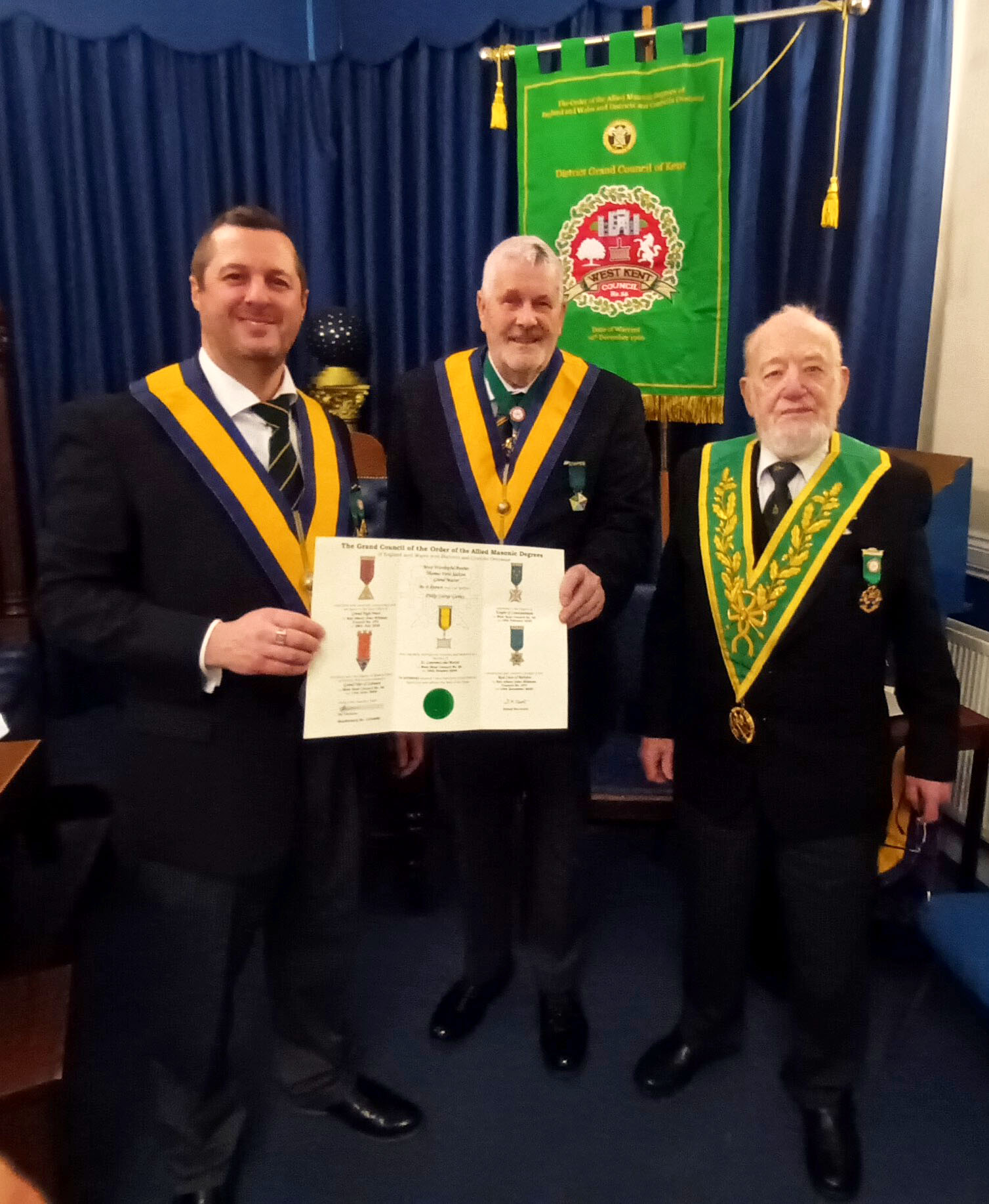 The Worshipful Master W.Bro. Paul Gillingham with R.W.Bro. David Viggers and Bro. Paul Gurney