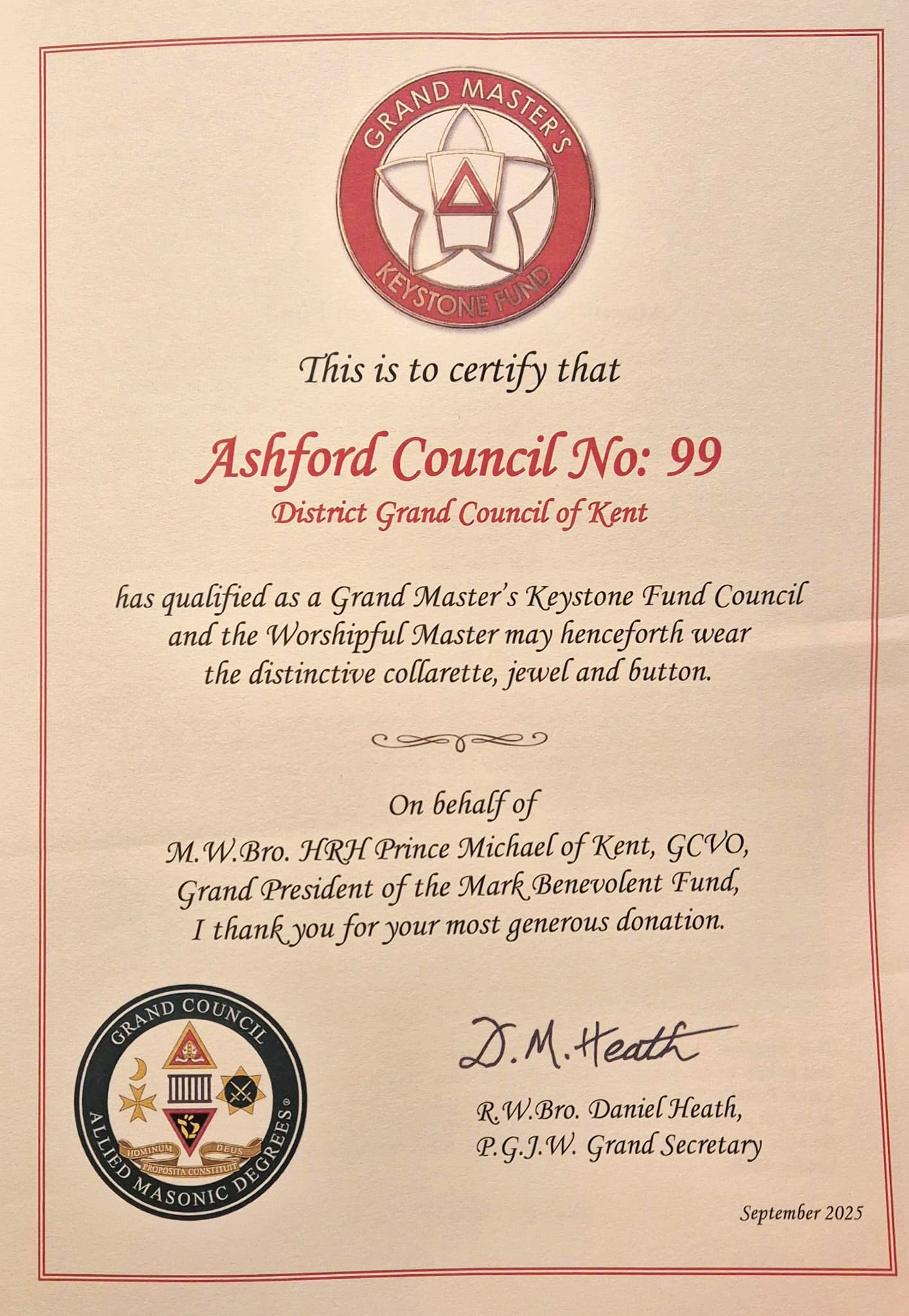 Grand Masters Keystone Certificate